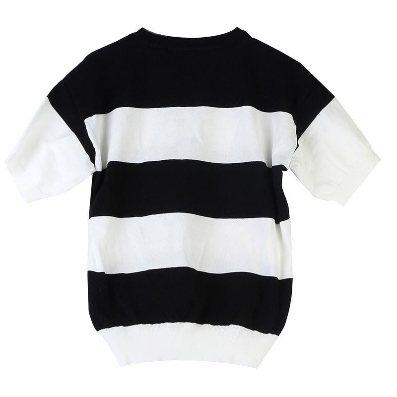 Short sleeved knitted sweater base shirt for women, like white and black sequins loose knit sweater short top for women