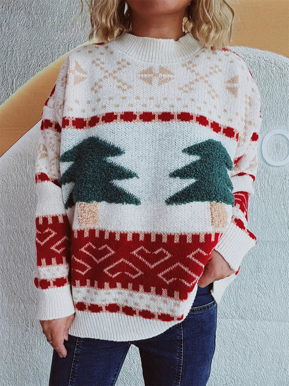 Knitted Christmas Tree Cartoon Jacquard Holiday New Year Sweater