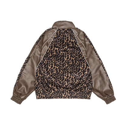 Leopard print patchwork PU leather jacket jacket trendy brand men's and women's loose standing collar motorcycle leather jacket