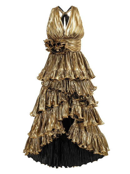 V-neck sleeveless high waisted dress that highlights height niche trailing long dress adult gown