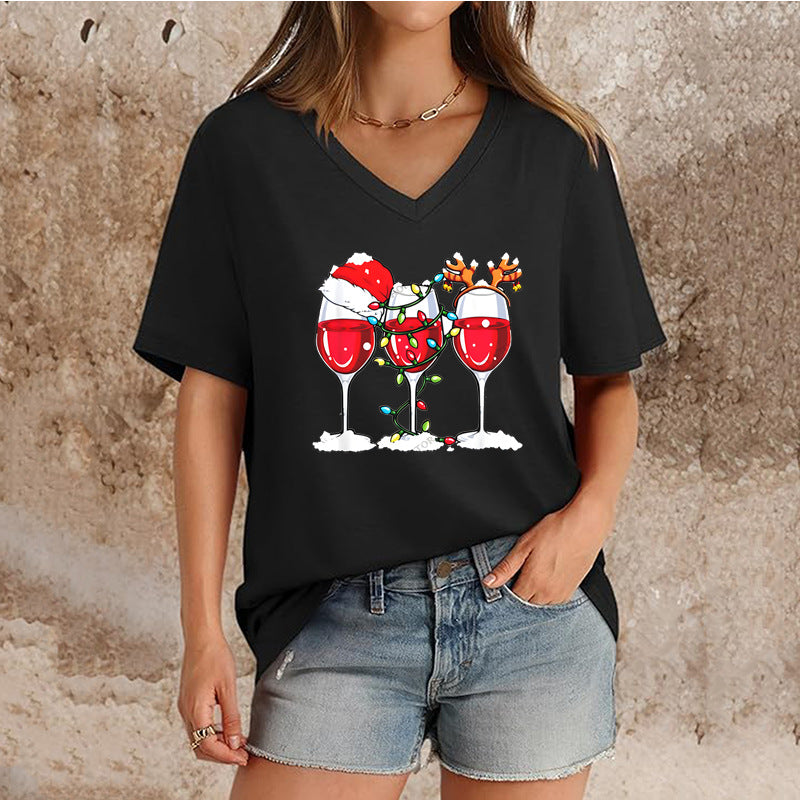 Women's Top V-neck Short Sleeve Pure Color Ladies' Christmas V-neck T-shirt