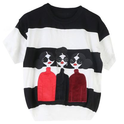 Short sleeved knitted sweater base shirt for women, like white and black sequins loose knit sweater short top for women