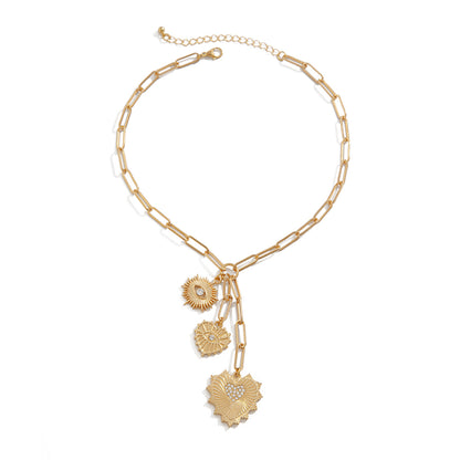 Ins zircon inlaid sun necklace for women, cold and cool style heart-shaped alloy pendant, collarbone chain