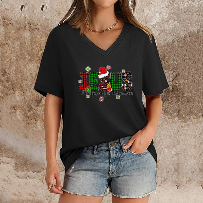 Women's Top V-neck Short Sleeve Pure Color Ladies' Christmas V-neck T-shirt