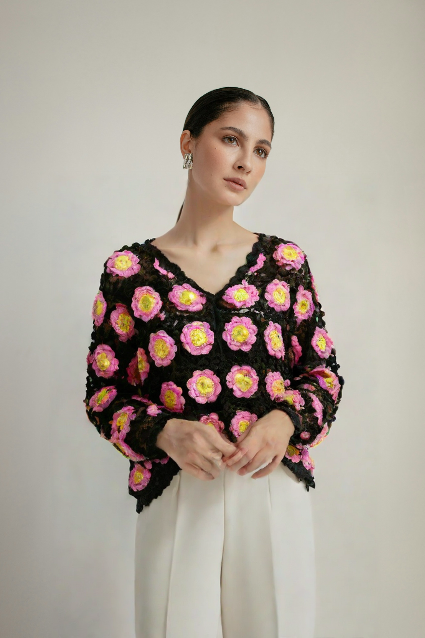 V-neck sweater cardigan women's hand hook rose loose sweet temperament long sleeved sweater women