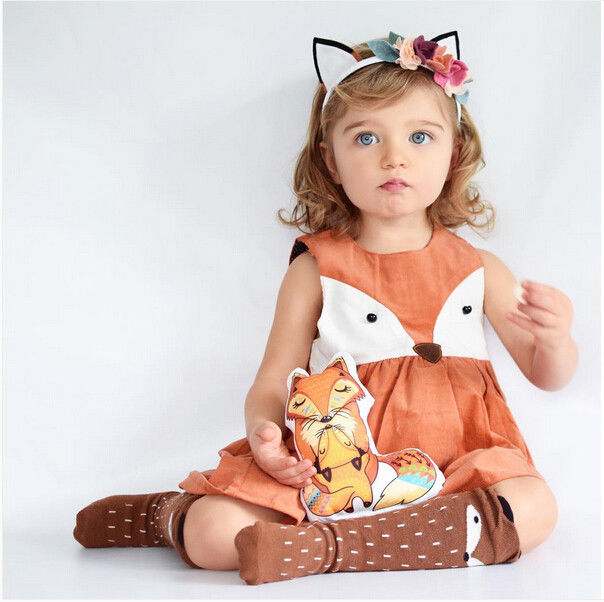 1-5Y Casual Baby Girls Clothes Cute Toddler Kids Fox Dress Summer Sleeveless Party Dress Children Cotton Clothing