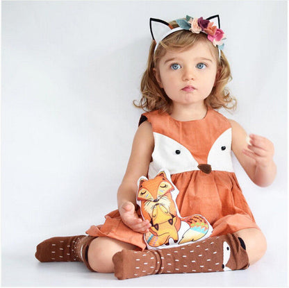 1-5Y Casual Baby Girls Clothes Cute Toddler Kids Fox Dress Summer Sleeveless Party Dress Children Cotton Clothing