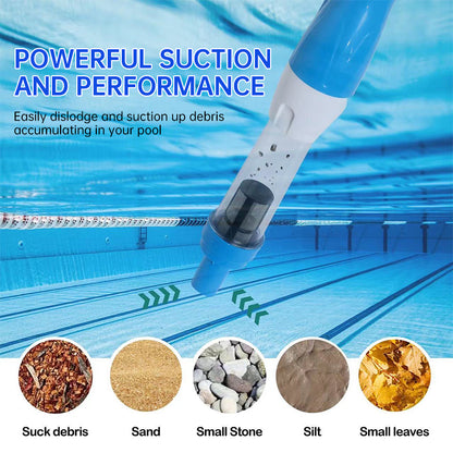 Rechargeable hand pool vacuum for spas/hot tubs/small pools, with auto immersion detector & bristle nozzle.