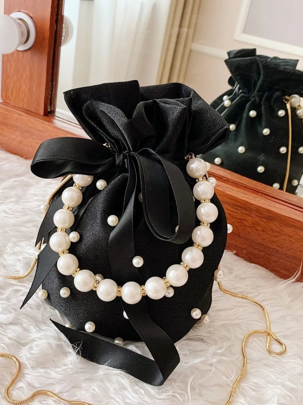 Pearl Detail Solid Color Bucket Bag