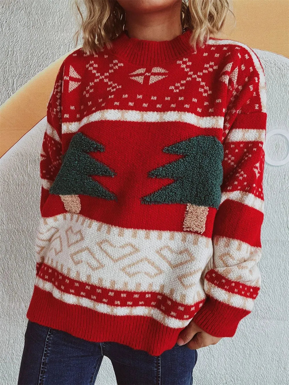 Knitted Christmas Tree Cartoon Jacquard Holiday New Year Sweater