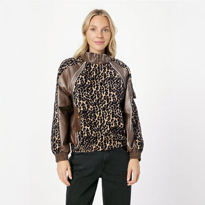 Leopard print patchwork PU leather jacket jacket trendy brand men's and women's loose standing collar motorcycle leather jacket