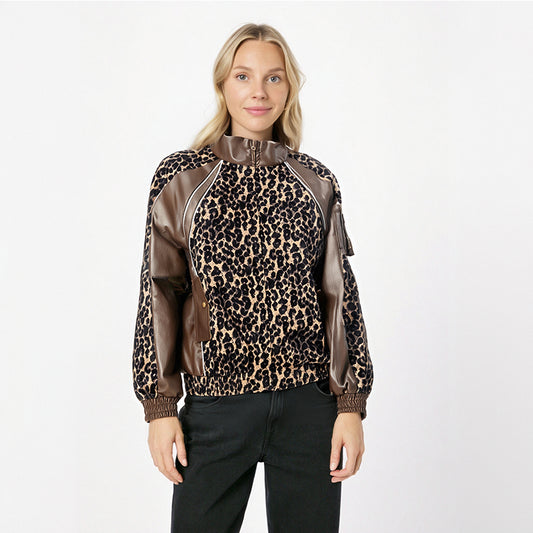 Leopard print patchwork PU leather jacket jacket trendy brand men's and women's loose standing collar motorcycle leather jacket