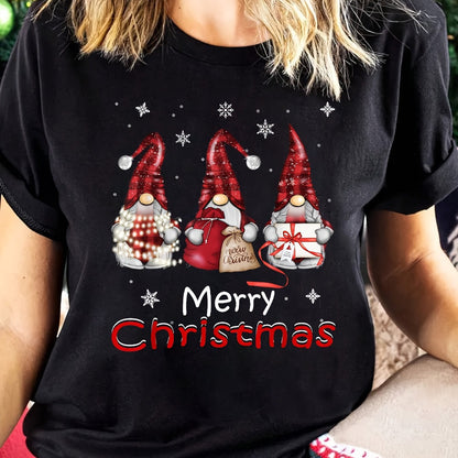 Women's Christmas Gnome Pattern Printed Short Sleeve T-Shirt Round Neck Casual Top Black Red White