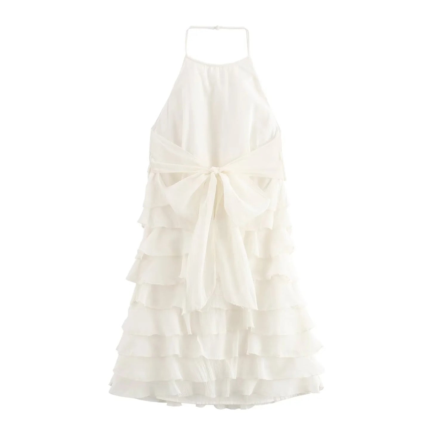 Solid color halter neck sleeveless backless butterfly layered decorative dress