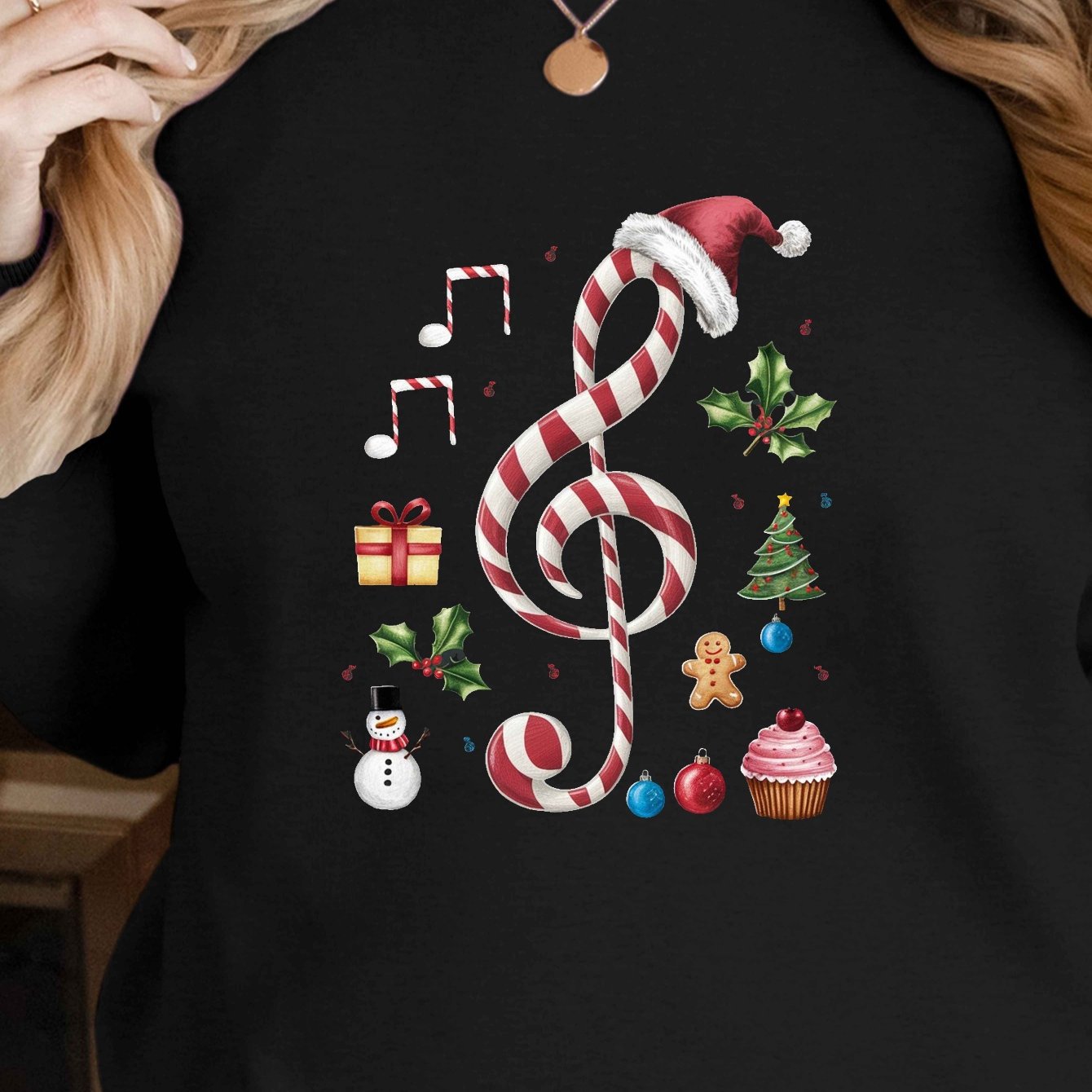 Women'S Christmas Music-Themed Casual Crew Neck Sweatshi
