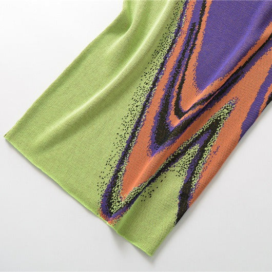 Multi color abstract jacquard knitted dress with design sense, slim fit, hip hugging, round neck, sleeveless vest skirt