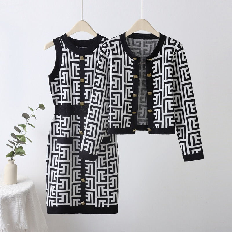 Spring and summer women's maze gold button cardigan vest women's small fragrance style temperament set dress