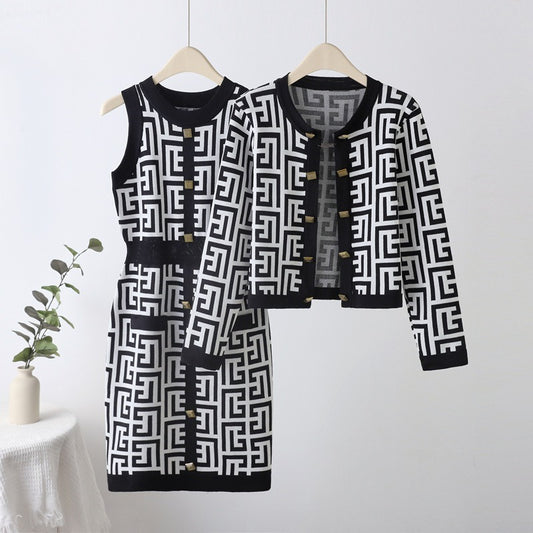 Spring and summer women's maze gold button cardigan vest women's small fragrance style temperament set dress