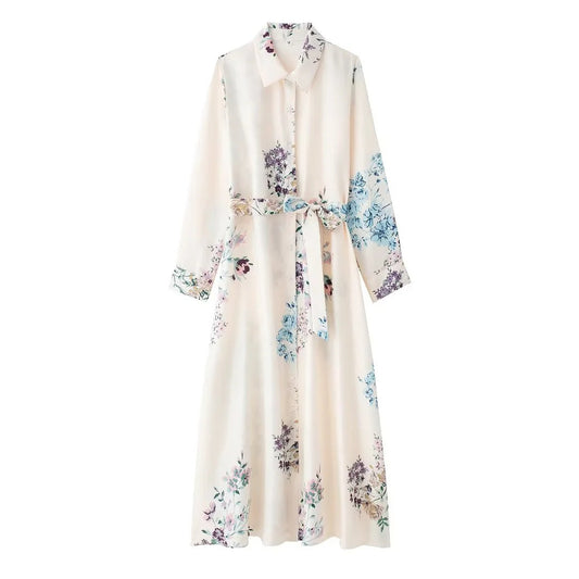 Linen shirt style tie printed dress