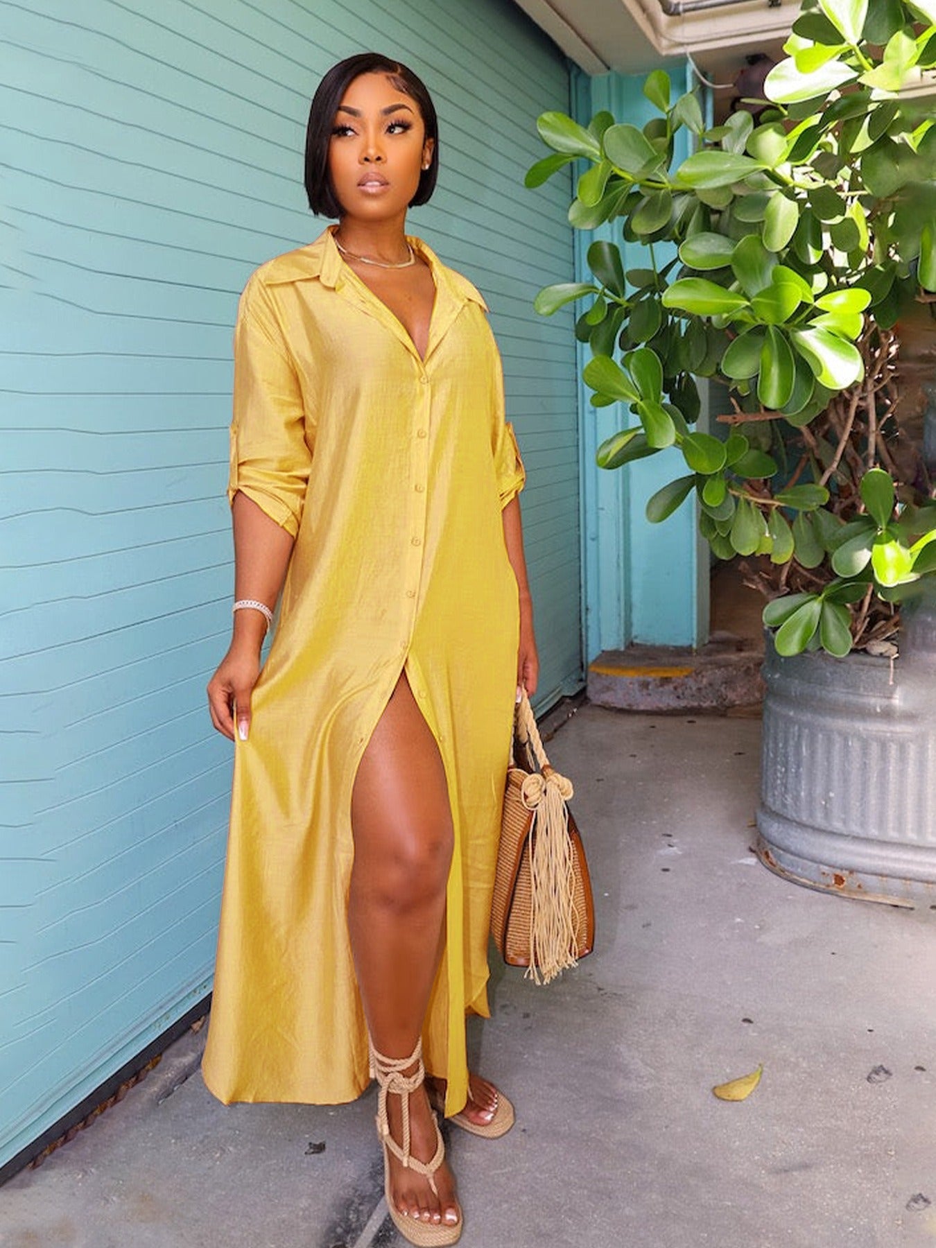 Fashionable slit colored loose casual shirt skirt