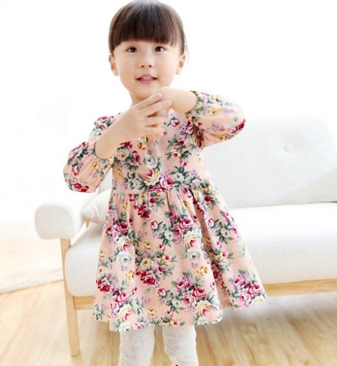 New Kids Long Sleeve Dresses Girls Flower Printed Princess Dress Summer Children Clothing 2 3 4 5 6 7 Years Girl Elegant Outfits