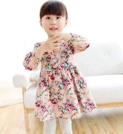 New Kids Long Sleeve Dresses Girls Flower Printed Princess Dress Summer Children Clothing 2 3 4 5 6 7 Years Girl Elegant Outfits