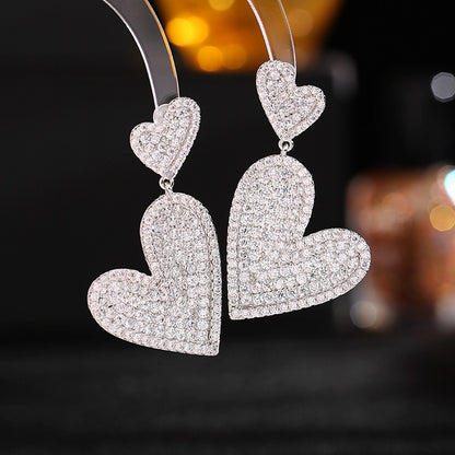 Exaggerated, atmospheric, light luxury, high-end earrings full zircon heart print layered heart-shaped earrings