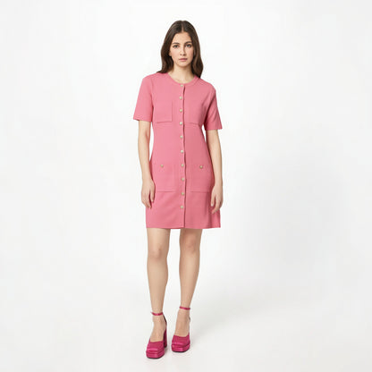 French niche round neck single breasted design, slim fit, hip hugging knitted dress for women