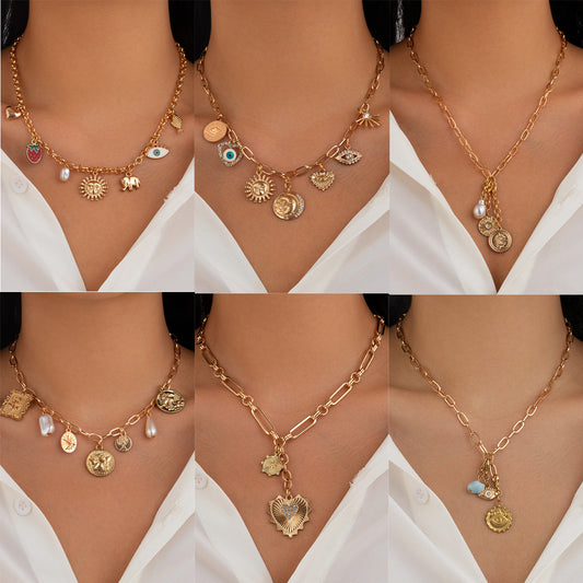 Fashionable Sun Set Zircon Necklace Women's Geometric Alloy Heart Shaped Tassel Collar Chain