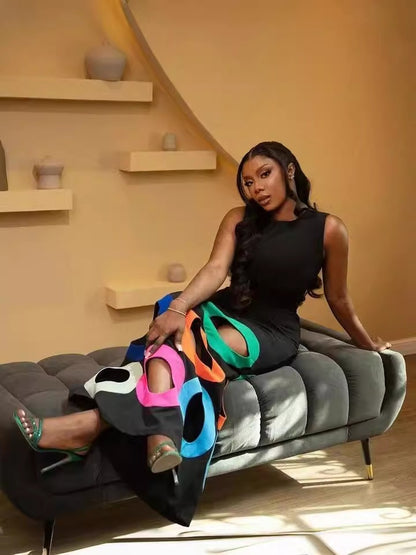 Fashionable round neck sleeveless color blocked hollow embroidery A-list long dress