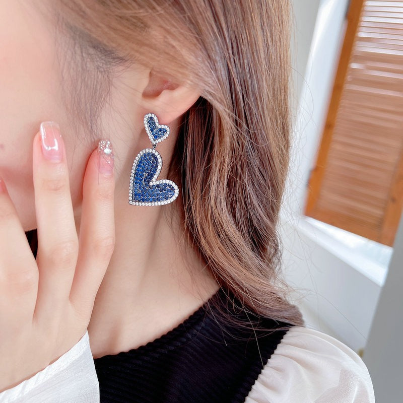 Exaggerated, atmospheric, light luxury, high-end earrings full zircon heart print layered heart-shaped earrings