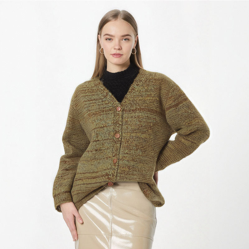 Mixed color sweater jacket for women in autumn and winter loose and lazy style casual and slimming V-neck knitted cardigan top