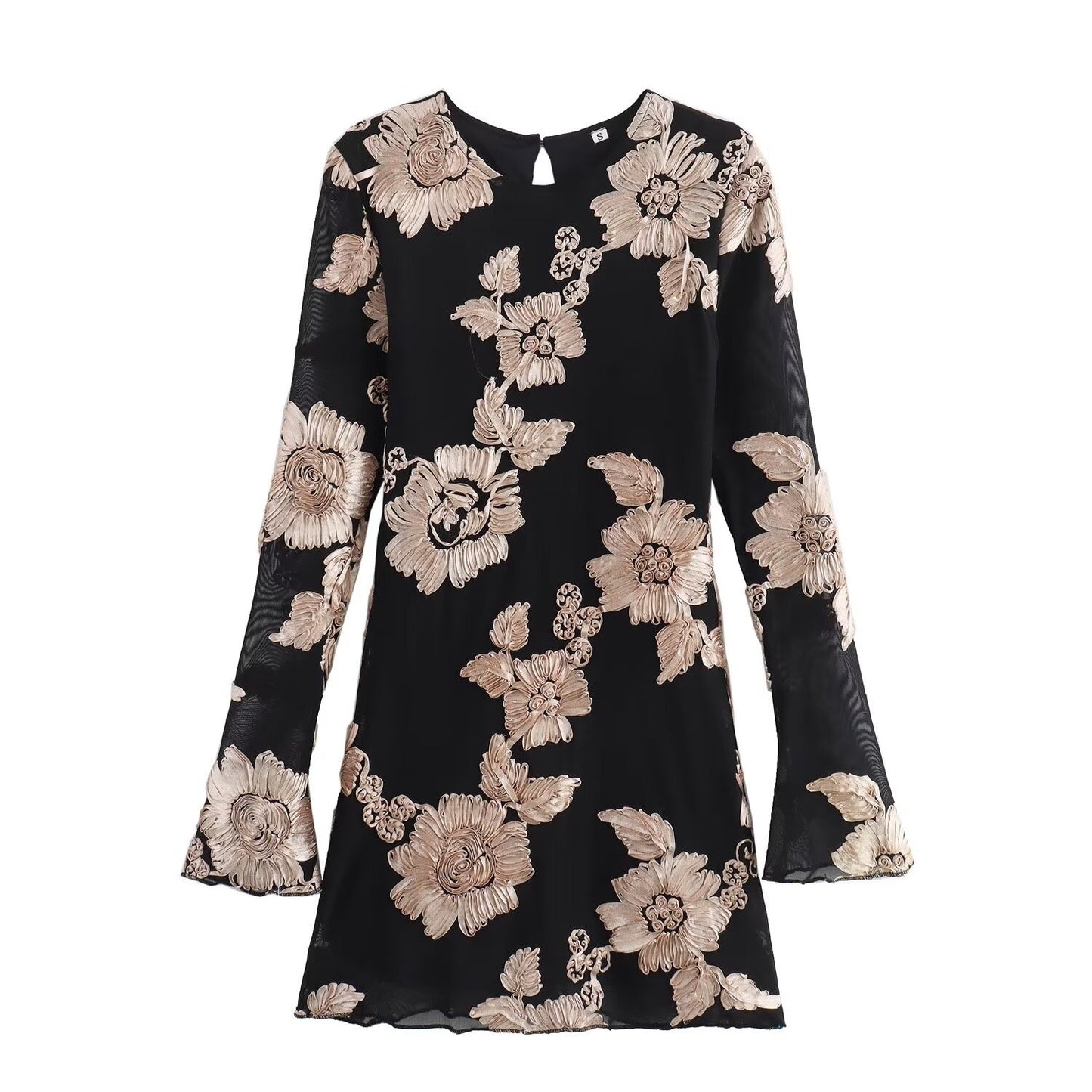 Fashionable Heavy Industry Embroidered Sexy Slimming Trumpet Sleeve Wrapped Hip Dress