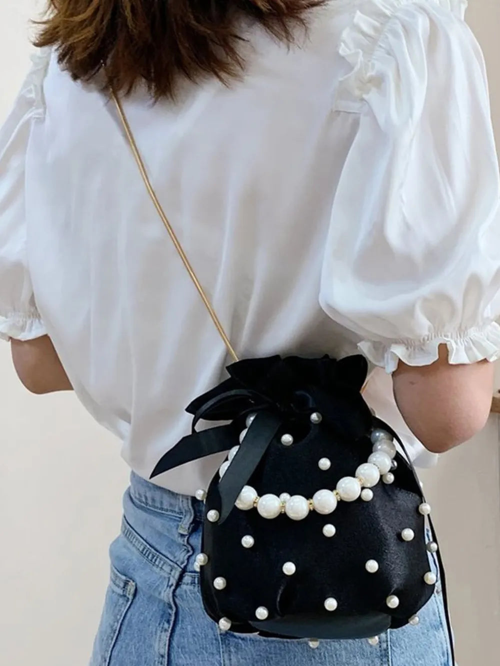 Pearl Detail Solid Color Bucket Bag