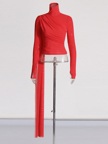 Solid color high neck ribbon fashion design high-end shirt for women