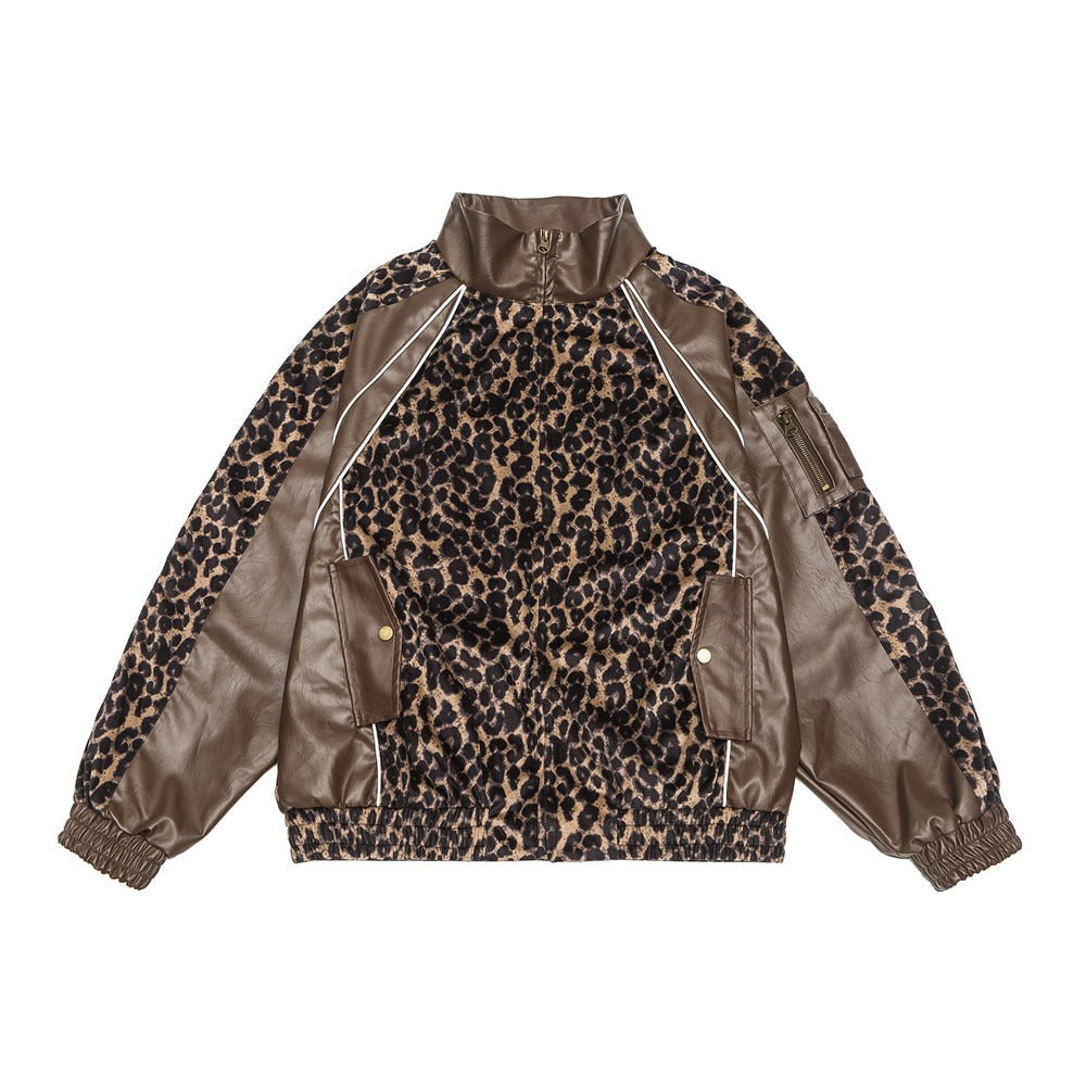 Leopard print patchwork PU leather jacket jacket trendy brand men's and women's loose standing collar motorcycle leather jacket