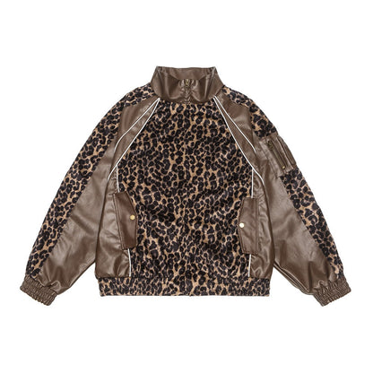 Leopard print patchwork PU leather jacket jacket trendy brand men's and women's loose standing collar motorcycle leather jacket