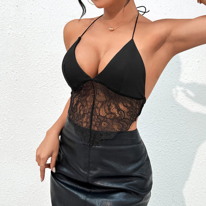 Solid color sexy halter top with exposed back and irregular suspender vest