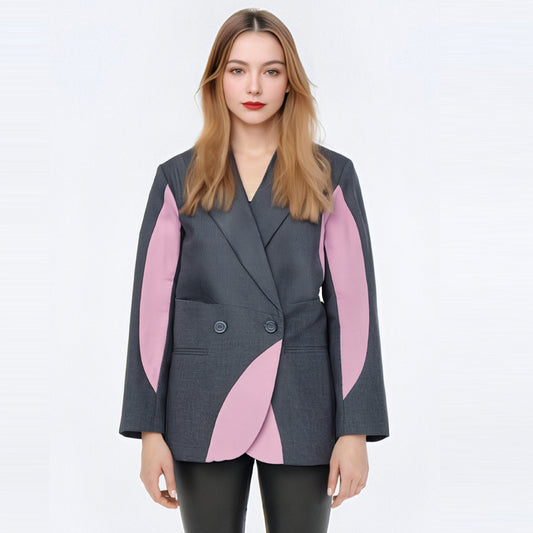 Irregular contrasting color splicing design feminine style suit loose and casual silhouette suit jacket
