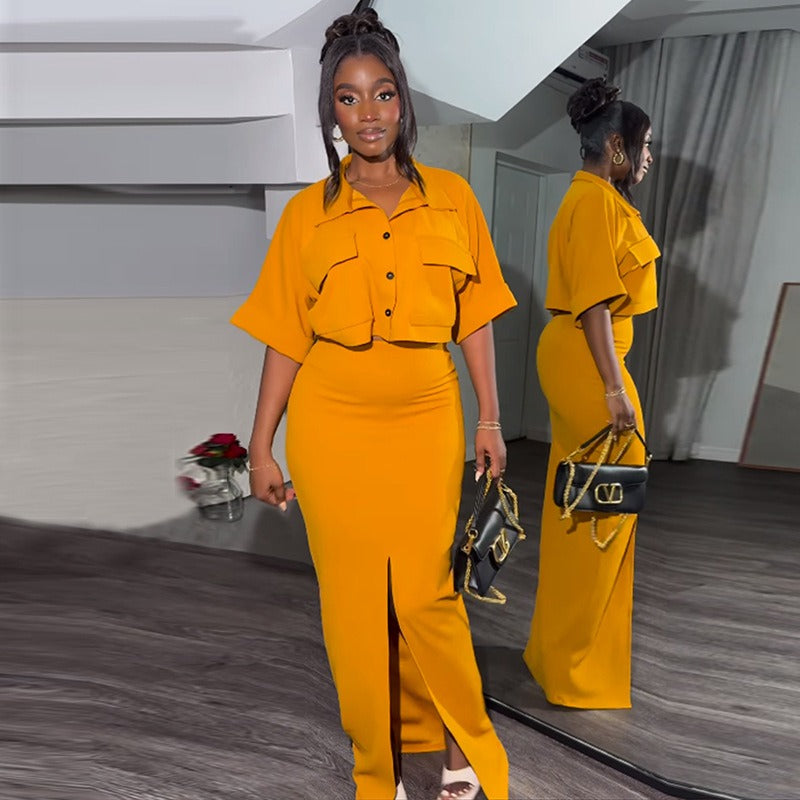 Summer New Collar Short Shirt Top Split Hip Wrapping Skirt Set