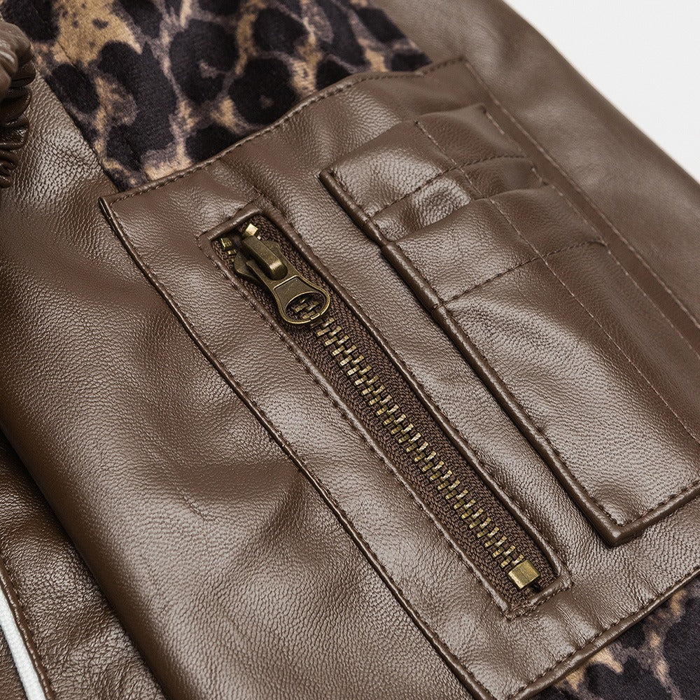 Leopard print patchwork PU leather jacket jacket trendy brand men's and women's loose standing collar motorcycle leather jacket