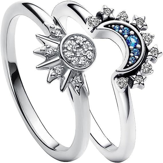 Simple and Shiny Sun Moon Blue Diamond Layered Celestial Couple Ring Set