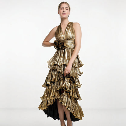 V-neck sleeveless high waisted dress that highlights height niche trailing long dress adult gown