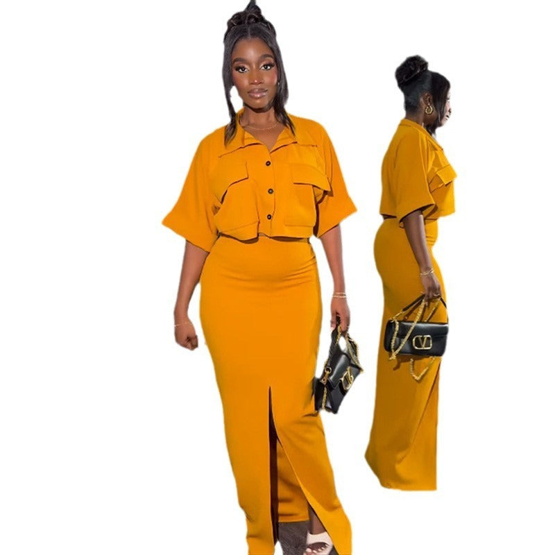 Summer New Collar Short Shirt Top Split Hip Wrapping Skirt Set