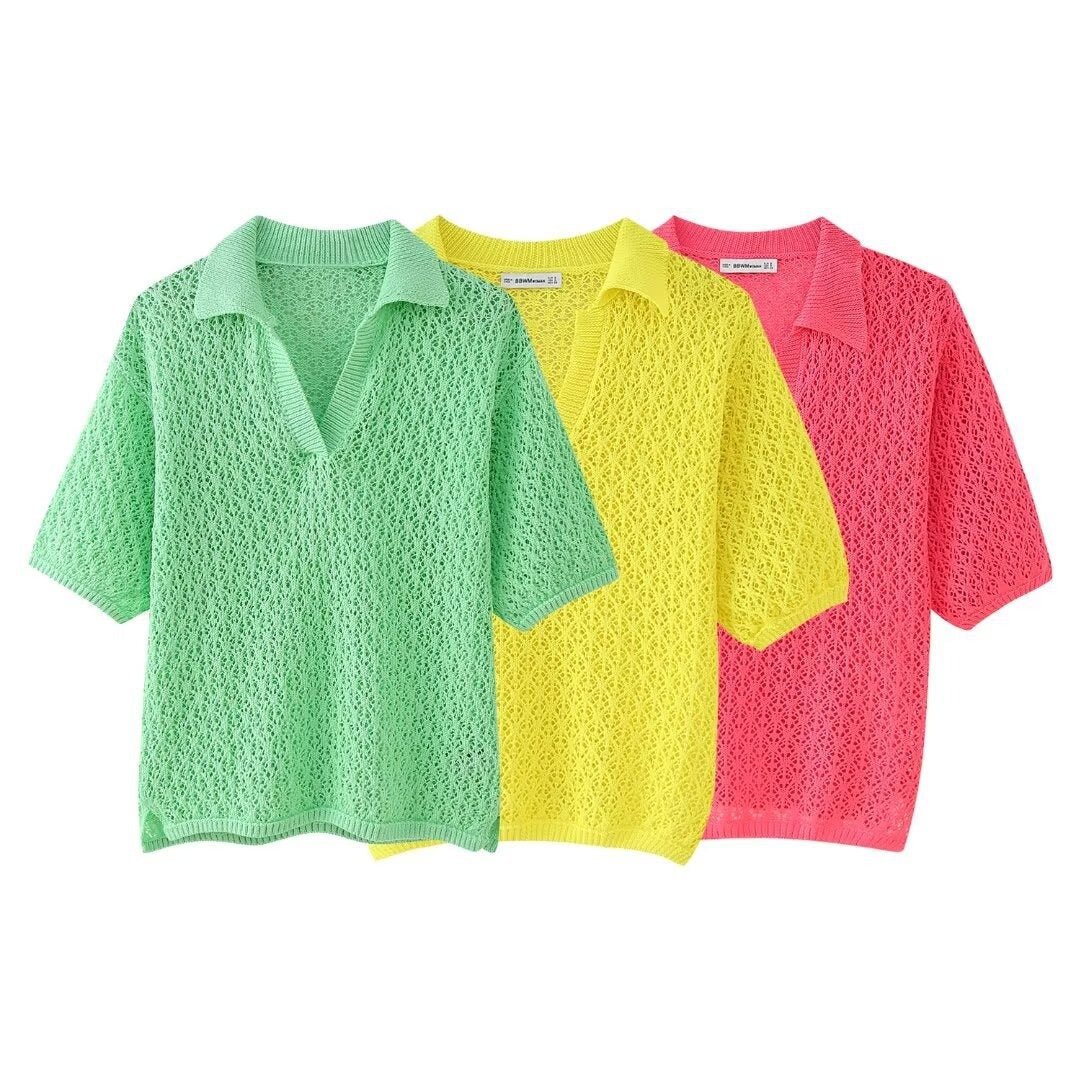 Women's Jacquard Mesh Loose Polo Knitted Shirt for Women
