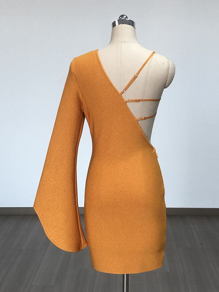 Orange flower sequin decoration chest wrapped sexy one shoulder flared long sleeved spicy bandage dress for women