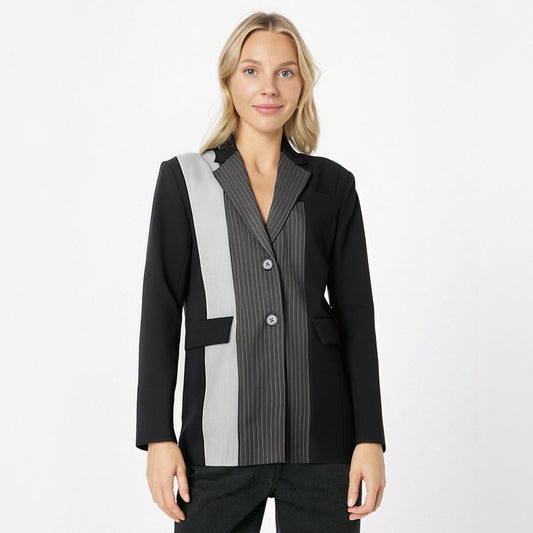 High end contrasting striped suit with spring plaid loose jacket