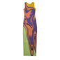 Multi color abstract jacquard knitted dress with design sense, slim fit, hip hugging, round neck, sleeveless vest skirt