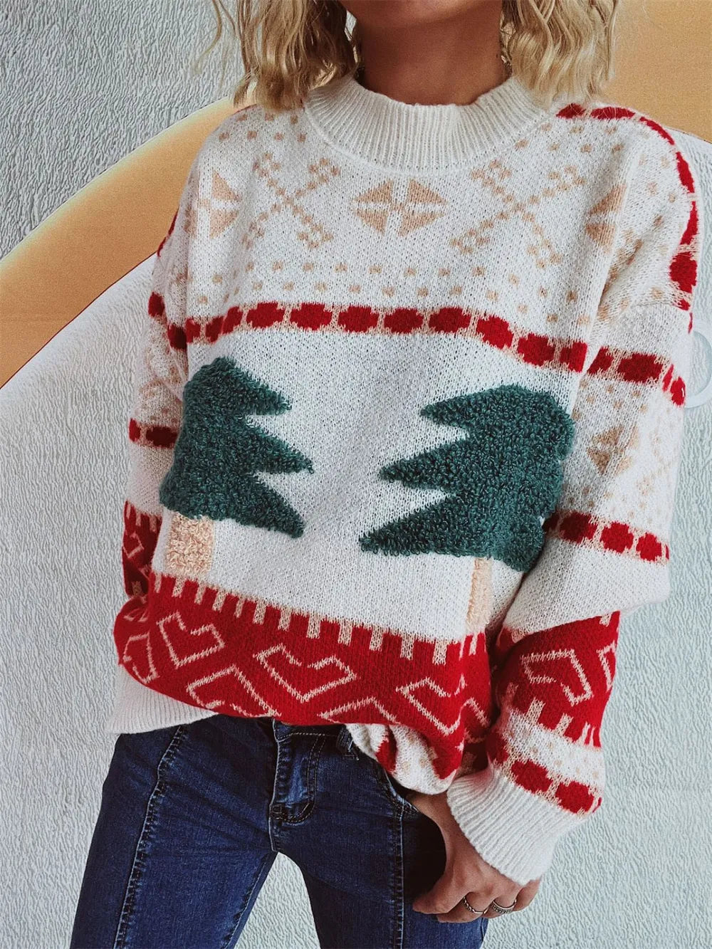Knitted Christmas Tree Cartoon Jacquard Holiday New Year Sweater
