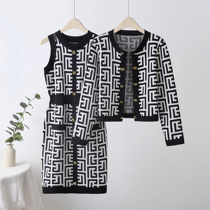 Spring and summer women's maze gold button cardigan vest women's small fragrance style temperament set dress